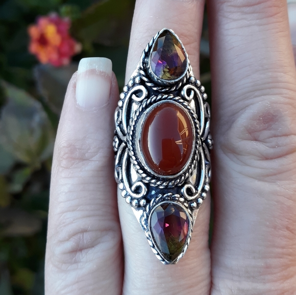 New Amazing Carnelian & Bi-Color Tourmaline 925 Silver Statement Ring. - Picture 1 of 8